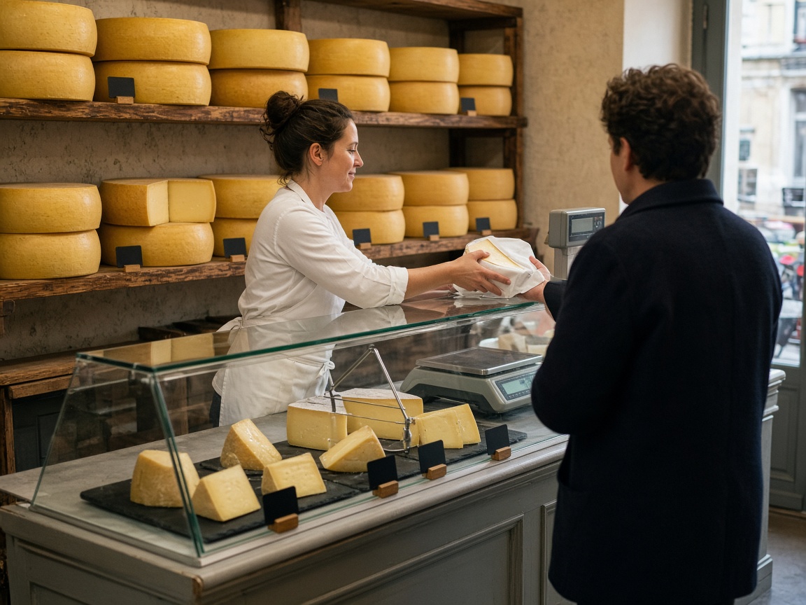 Vendeuse tendant un morceau emballé au-dessus du comptoir réfrigéré
